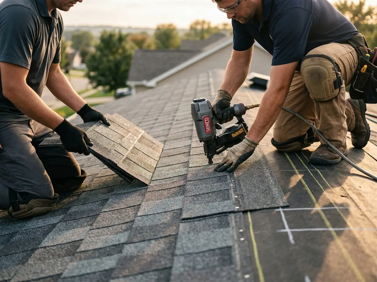 Professional roofer working on a residential roof in St. Rose